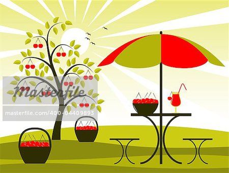 vector cherry tree, baskets of cherries and table with umbrella, Adobe Illustrator 8 format