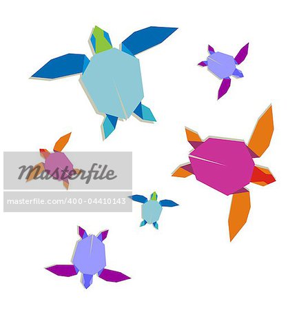 Group of multicolored origami turtle.
