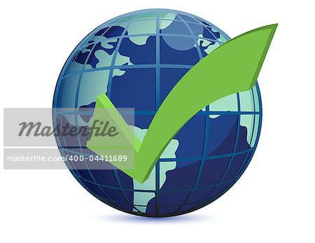 World globe and checkmark over a white background