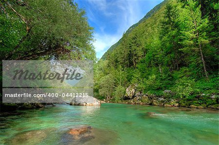 Clear Alpine river Soca in Slovenian Alps