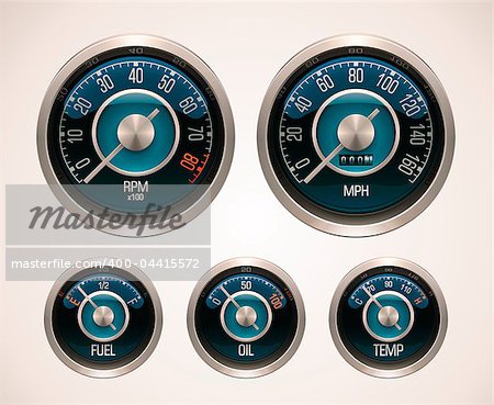 Set of the detailed retro car gauges – speedometer, tachometer, odometer, oil, temperature and fuel