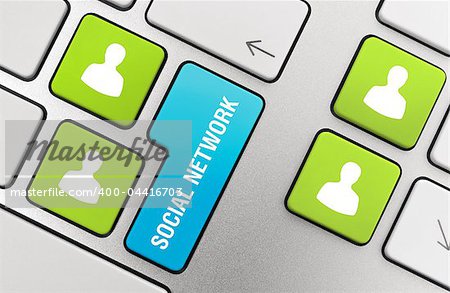 Social network concept on modern aluminum keyboard.