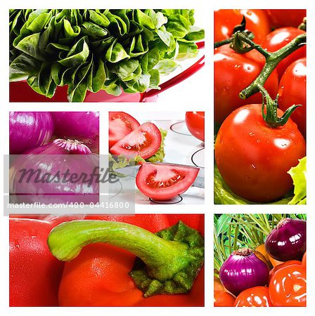 Collage of salad with tomato onion lettuce and red sweet pepper