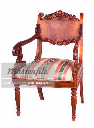Ancient wooden chair with soft sitting on a white background