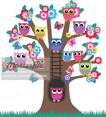 lot of colorful owls sitting in a tree