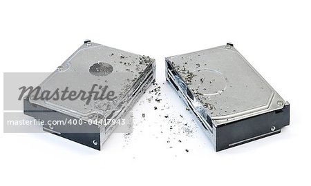 halved hard disk drive on white background