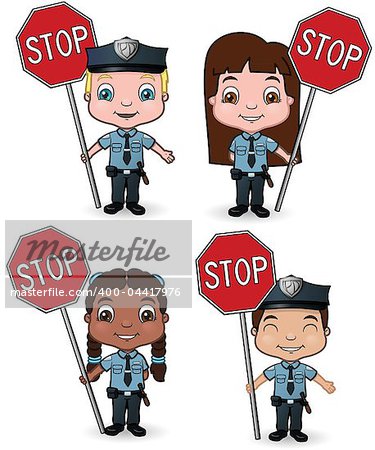 This is a vector illustration of children dressed as cops holding stop signs.