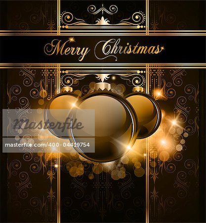 Elegant Merry Christmas and Happy New Year background with vintage seamless wallpaper and glossy baubles.