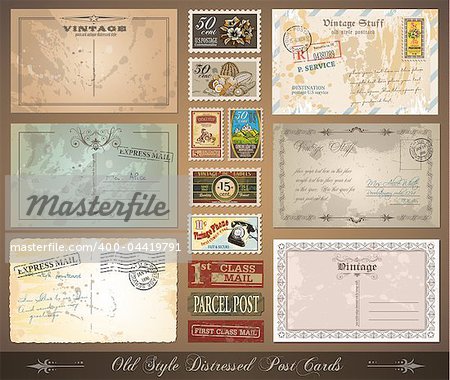 Old style distressed postcards with a lot of post stamps with vintage designs. Rubber stamp and first class mail sticker included.