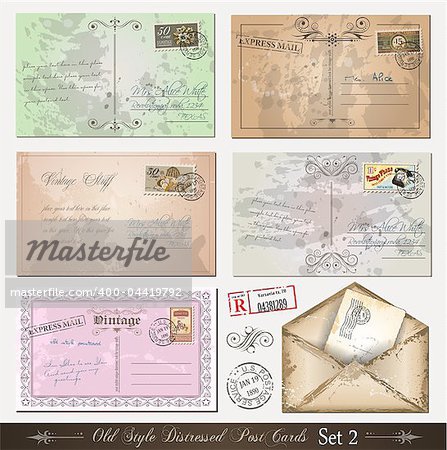 Old style distressed postcards (set 2)with a lot of post stamps with vintage designs. Rubber stamps included.