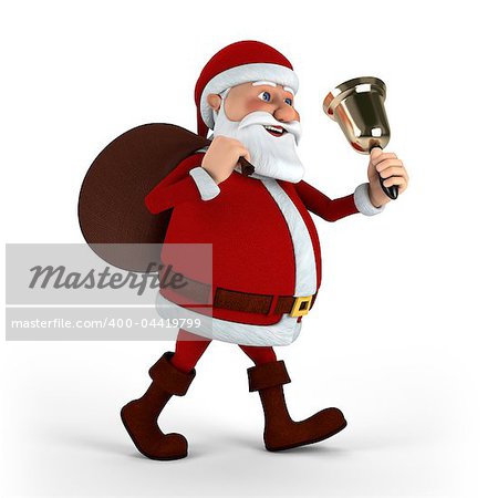 Cartoon Santa Claus with bell and sack on white background - high quality 3d illustration