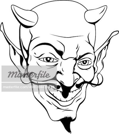 A black and white cartoon style devil face