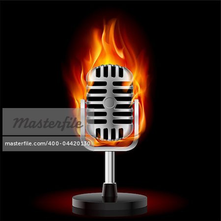 Old Microphone in Fire. Illustration on black background