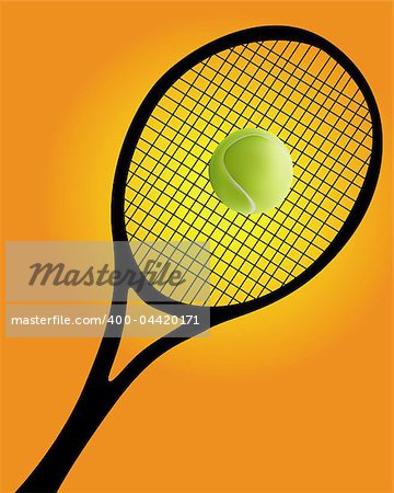 black silhouette of a tennis racket and ball on an orange background