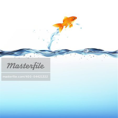 Goldfish Leaping Out Of Water, Isolated On White Background, Vector Illustration