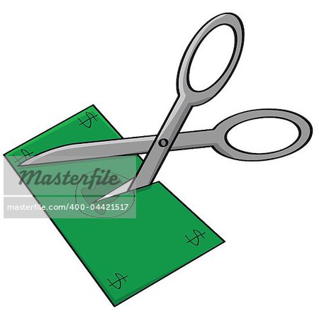 Cartoon illustration showing a generic money bill being cut by a scissor