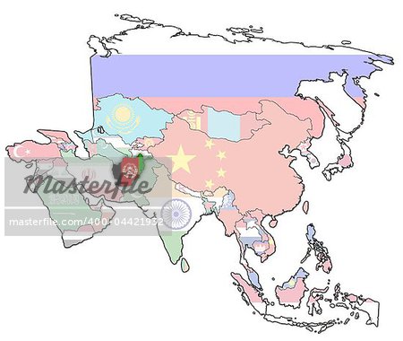 old political map of asia with flag of afghanistan