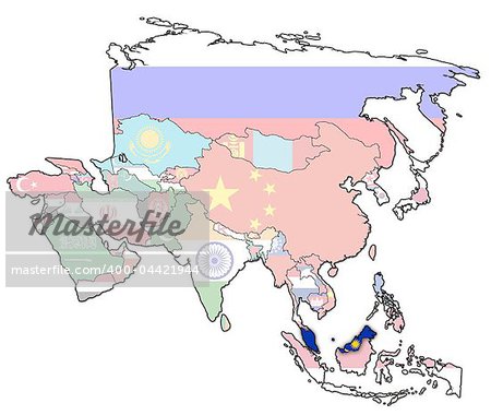 old political map of asia with flag of malaysia