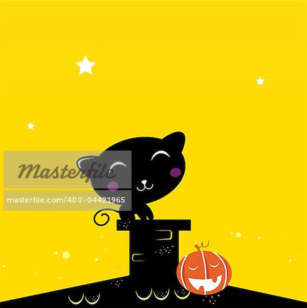 Black Cat sitting on the roof during Halloween. Vector Illustration.