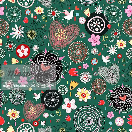 seamless floral pattern with birds and hearts on a green background