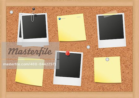 Vector illustration of bulletin board with blank notes and photos. All objects are isolated. Colors and transparent background color are easy to adjust.