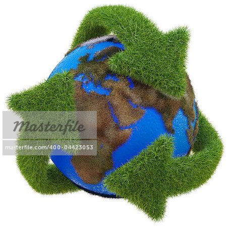 Recycle symbol from the grass around the globe. isolated on white.