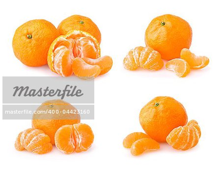 Set of ripe tangerine with slices isolated on white background