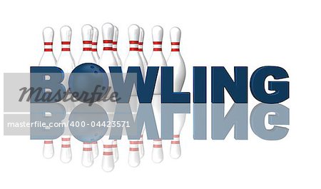 the word bowling, pins and ball on white background - 3d illustration