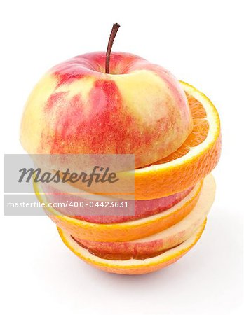 slices of apples and oranges isolated on white background
