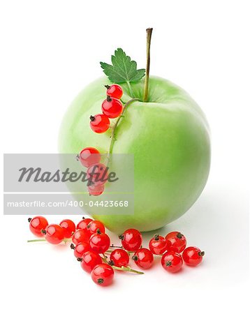 Apple and sprigs of red currants isolated on white background