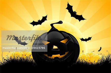Halloween-Hintergrund mit Kürbis, Fledermäuse und Vollmond