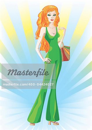 Background with a fashion shopping red haired girl in a green one-piece suit. Also available as a vector in Adobe Illustration EPS format, compressed in a zip file. The vector version can be scaled to any size without loss of quality.