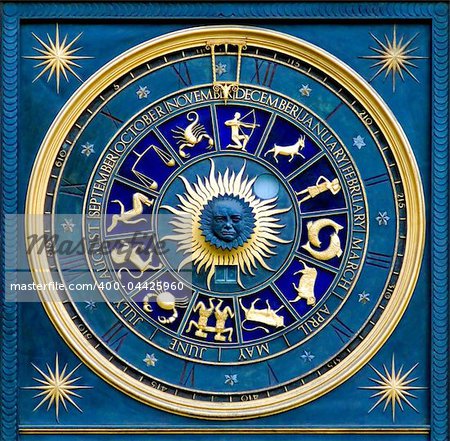 Blue zodiac clock with gold deatail and decoration