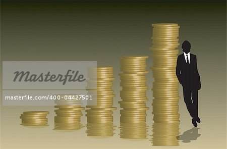 A stack of coins arranged into a graph with a businessman leaning against them