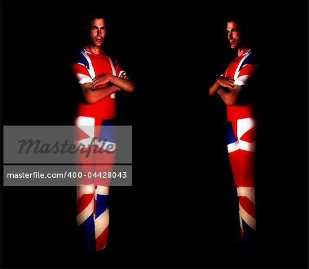 A pair of men with the Union Jack flag on their clothing, its the flag of Great Britain.