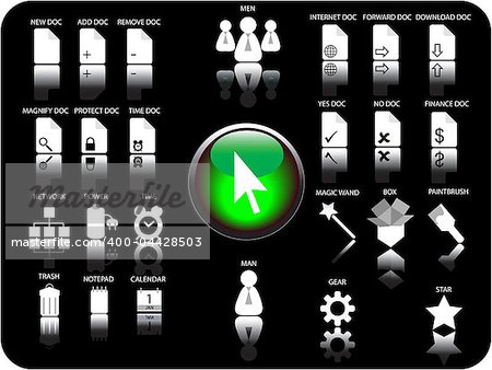 Glossy 3D icon and various other icons with reflection. Theme: Files, Documents, Date and Time and various hardware.