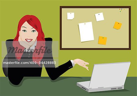Illustration of a business woman with laptop and note board