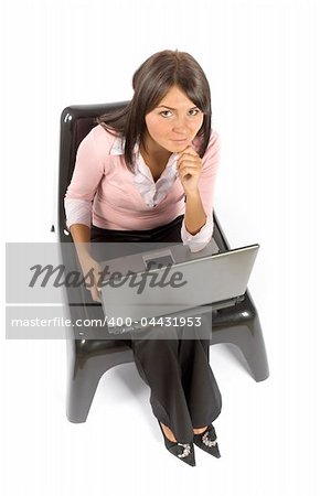 isolated woman sitting; working computer