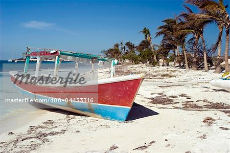 Fishing boat and Palm trees on a beach in Isla mujeres mexico