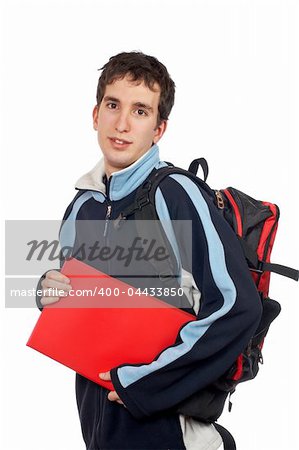 Teen student with a black backpack on white background