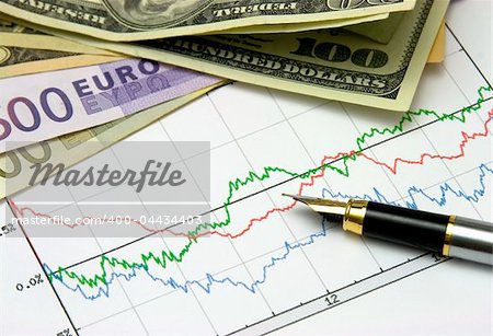 money and fountain pen on the exchange chart