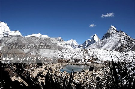 This picture was taken at a small run off lake near Gokyo's 5th lake. Mount Everest is in the background in the center. Note the nice lake reflection.