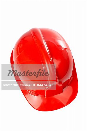 Plastic red hard hat on white background