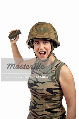 A beautiful soldier girl holding a hand grenade on white background