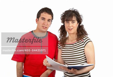 Two students reading and smiling over a white background