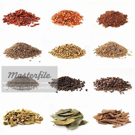 Various kinds of spices - bird eye chili pepper, crushed chili pepper, pomegranate powder  cumin, white coriander,dill seeds,black cumin, whole black pepper, whole cloves, cardamon,bye leaves,cinnamon