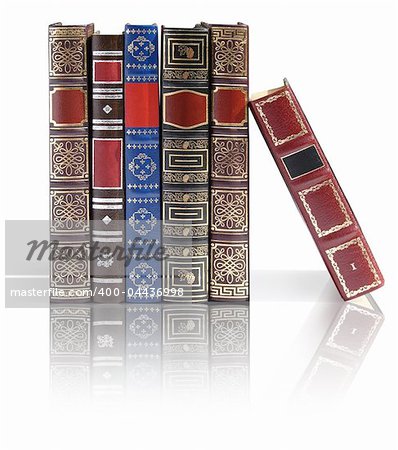 Books isolated on white background with a glass reflection.