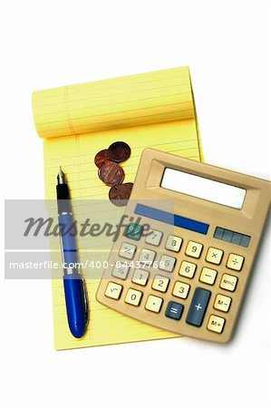 A yellow notepad calculator and a pen isolated against a white background