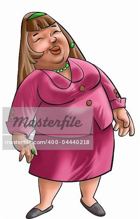 The fat girl wearing pink clothes and green necklace