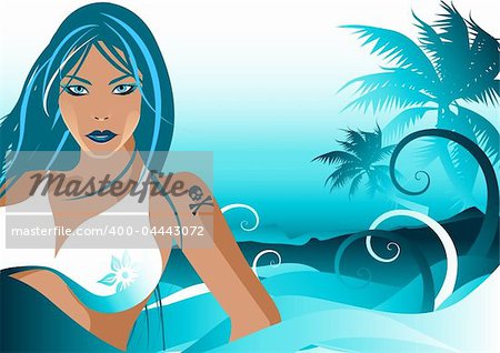 A female in waves with a beach scene in the background.
